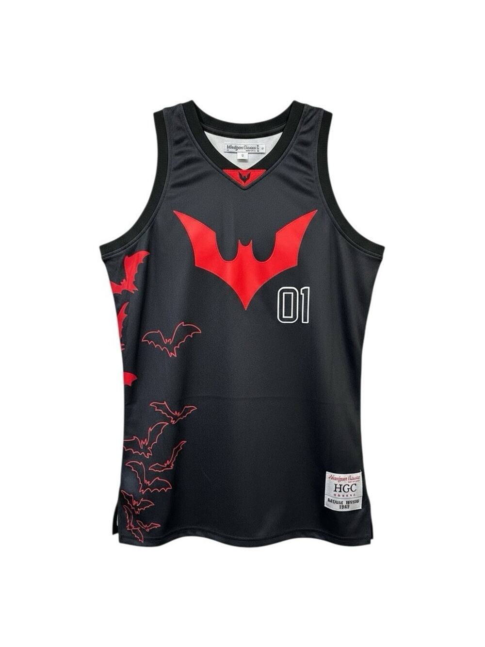 Batman Beyond Basketball Jersey Black Red Stitched Headgear size LARGE NWT